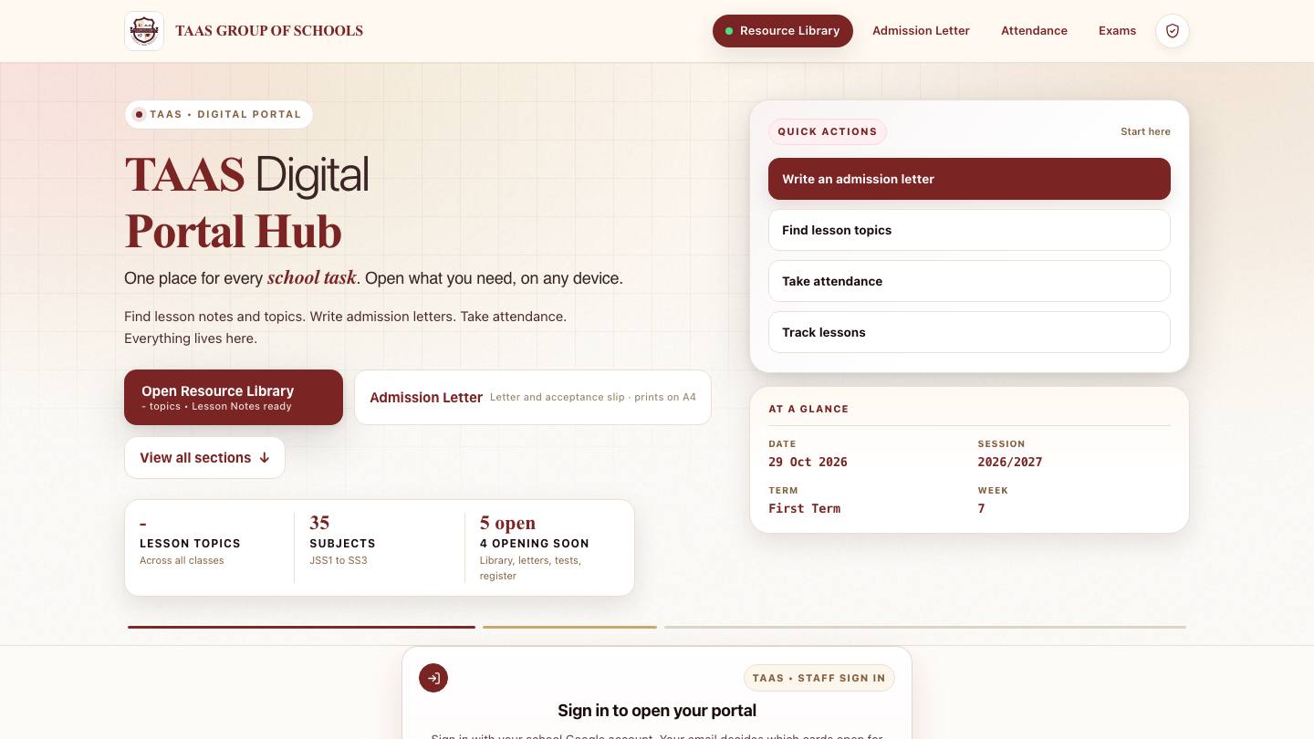 Taashub, TAAS Group of Schools digital portal homepage